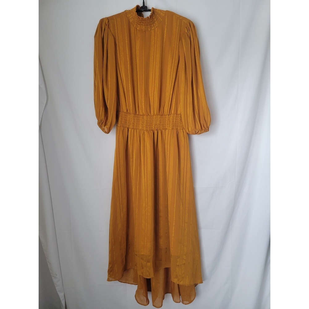 Nanette Lepore Women's Mustard Gold Stripe Smocked Mock Neck Midi Dress Size 2